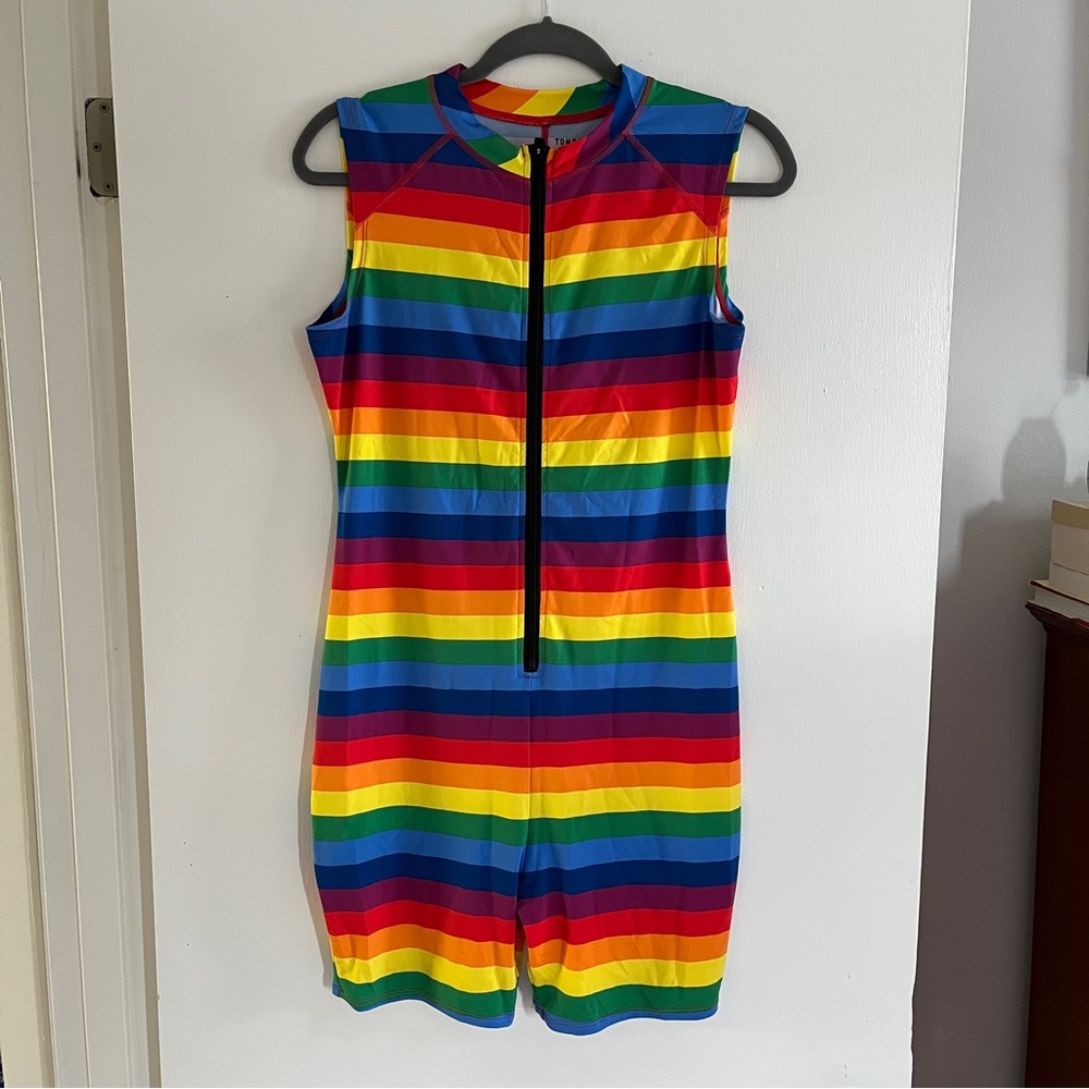 TomboyX Large Swim Sleeveless 6” Unisuit Rainbow Stripes